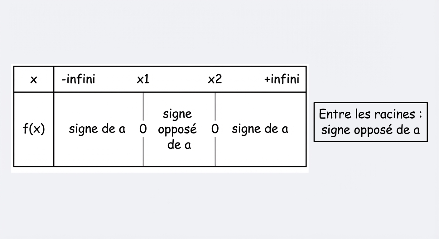 Tableau de signes mathématique simple. Ligne x : -infini, x1, x2, +infini. Ligne f(x) : signe de a, 0, signe opposé de a, 0, signe de a. Une note indique 'Entre les racines : signe opposé de a'.