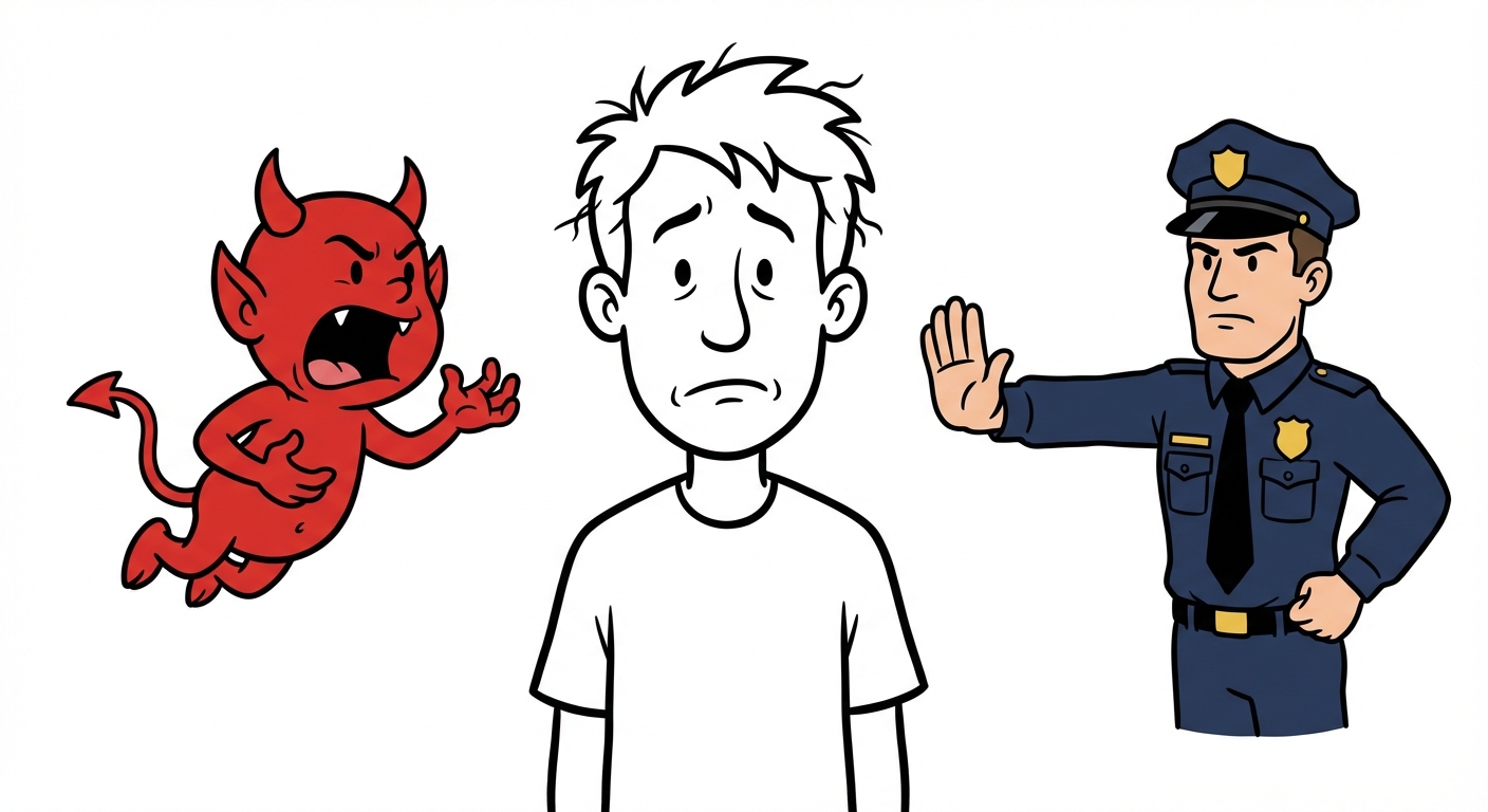 Dessin style cartoon simple. Au centre, un personnage normal (le Moi) a l'air stressé. À sa gauche, un petit diable rouge impulsif (le Ça) lui crie des désirs. À sa droite, un policier sévère en uniforme (le Surmoi) lui fait un signe d'interdiction. Fond blanc.