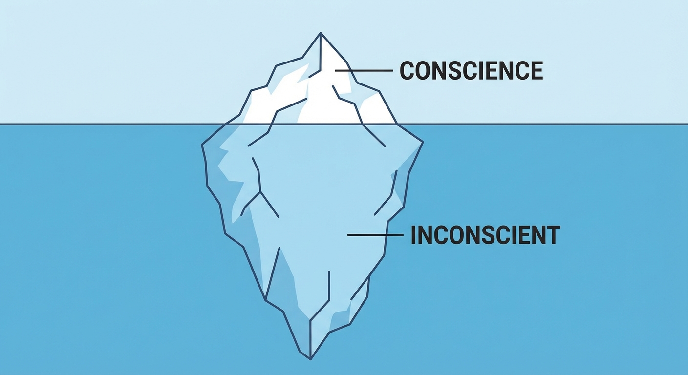 Dessin schématique simple d'un iceberg flottant sur la mer. La petite partie émergée au-dessus de l'eau est étiquetée CONSCIENCE. La partie gigantesque et immergée sous l'eau est étiquetée INCONSCIENT. Fond bleu clair.