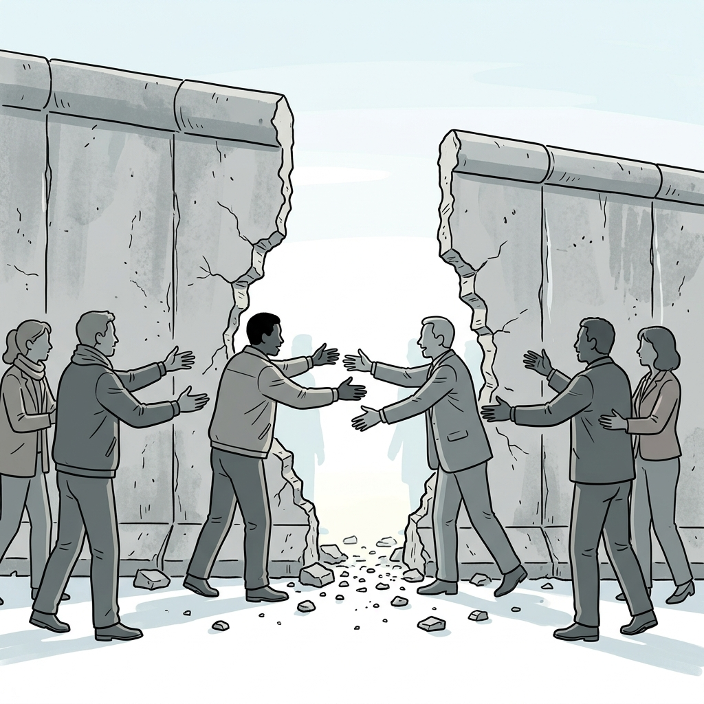Dessin historique stylisé représentant une portion du mur de Berlin ouverte avec des silhouettes d'hommes et de femmes se tendant les mains dans un élan pacifique. Traits nets et épurés, style sobre de manuel scolaire sur fond lumineux neutre, sans aucun texte.