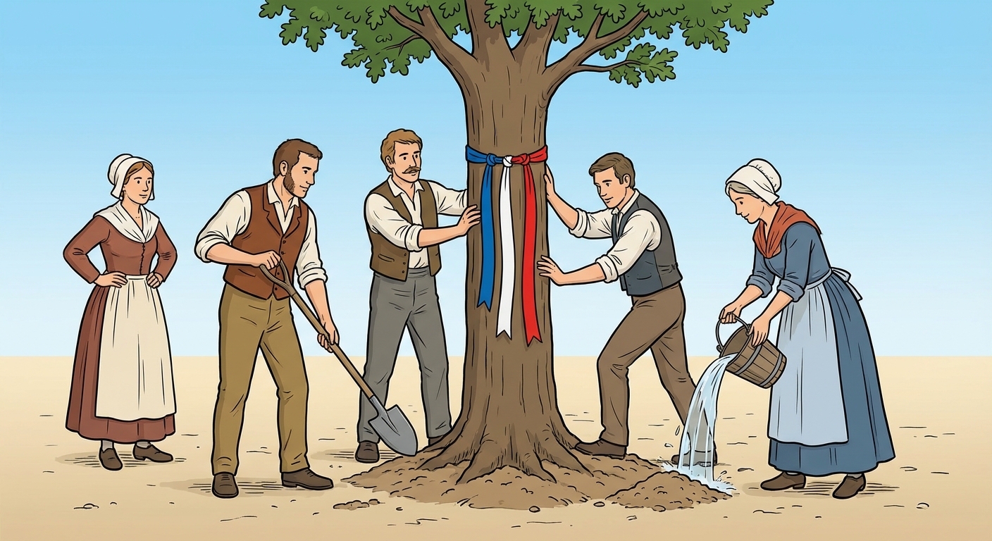 Dessin en couleur : sur une place de village en terre battue, exactement cinq villageois en habits du dix-neuvième siècle plantent un grand chêne au centre. L'arbre est décoré de trois rubans, un bleu, un blanc et un rouge. Ciel bleu, aucun texte.