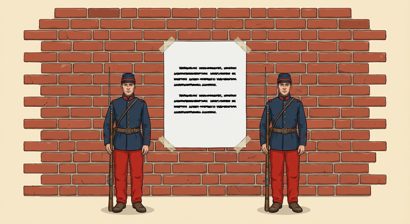 Illustration réaliste : un grand mur de briques rouges avec une affiche blanche rectangulaire collée au centre. Sur l'affiche, des formes noires simulent du texte. De chaque côté de l'affiche se tient exactement un soldat en uniforme bleu et pantalon rouge, tenant un long fusil verticalement.