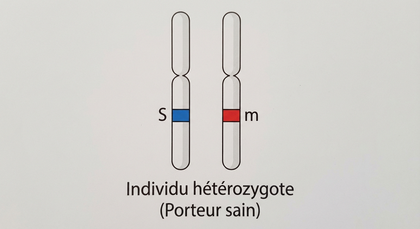 Schéma épuré sur fond blanc. Une paire de chromosomes (bâtonnets) côte à côte. Chromosome gauche : une bande bleue marquée 'S' (Sain). Chromosome droite : une bande rouge au même niveau marquée 'm' (malade). Légende : 'Individu hétérozygote (Porteur sain)'.