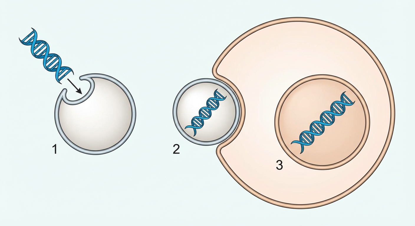 Schéma simplifié en 3 étapes. 1: Un ADN sain (bleu) est inséré dans un transporteur rond (vecteur). 2: Le vecteur entre dans une cellule humaine. 3: L'ADN sain est libéré dans le noyau de la cellule pour agir.