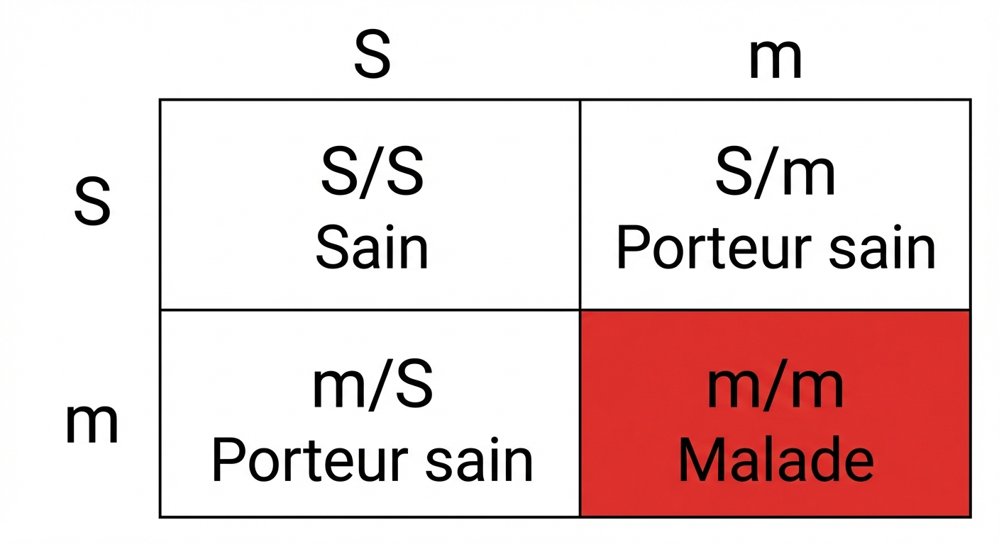 Tableau 2x2 simple. Entrées : Gamètes Père (S, m) et Mère (S, m). Résultats dans les cases : 1) S/S (Sain), 2) S/m (Porteur sain), 3) m/S (Porteur sain), 4) m/m (Malade, colorié en rouge).