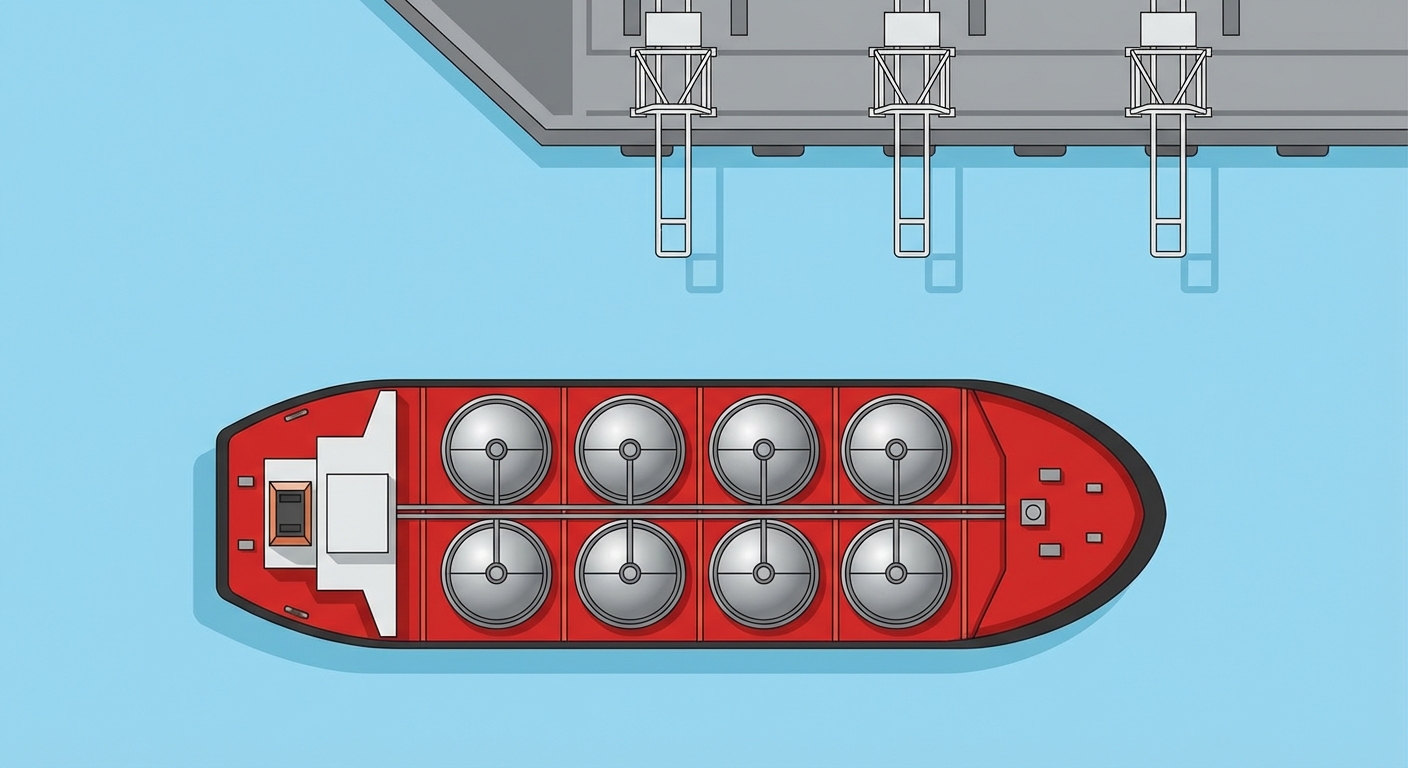 Vue de dessus schématique d'un immense navire pétrolier rouge et noir naviguant sur un océan bleu clair. Le navire est rempli de huit cuves rondes gris métallisé. En haut de l'image, on devine un port industriel gris avec trois grandes grues blanches. Le fond bleu océan est dominant.
