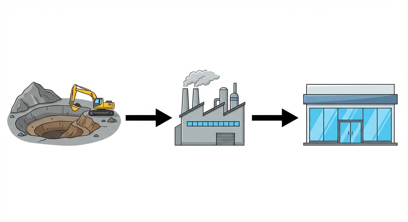 Dessin simple et coloré illustrant une chaîne de valeur de gauche à droite. À gauche, une mine à ciel ouvert grise et marron avec une pelleteuse jaune. Au centre, une usine grise avec des cheminées fumantes. À droite, un magasin moderne avec de grandes vitrines bleues. Des flèches noires relient les trois étapes sur un fond blanc.