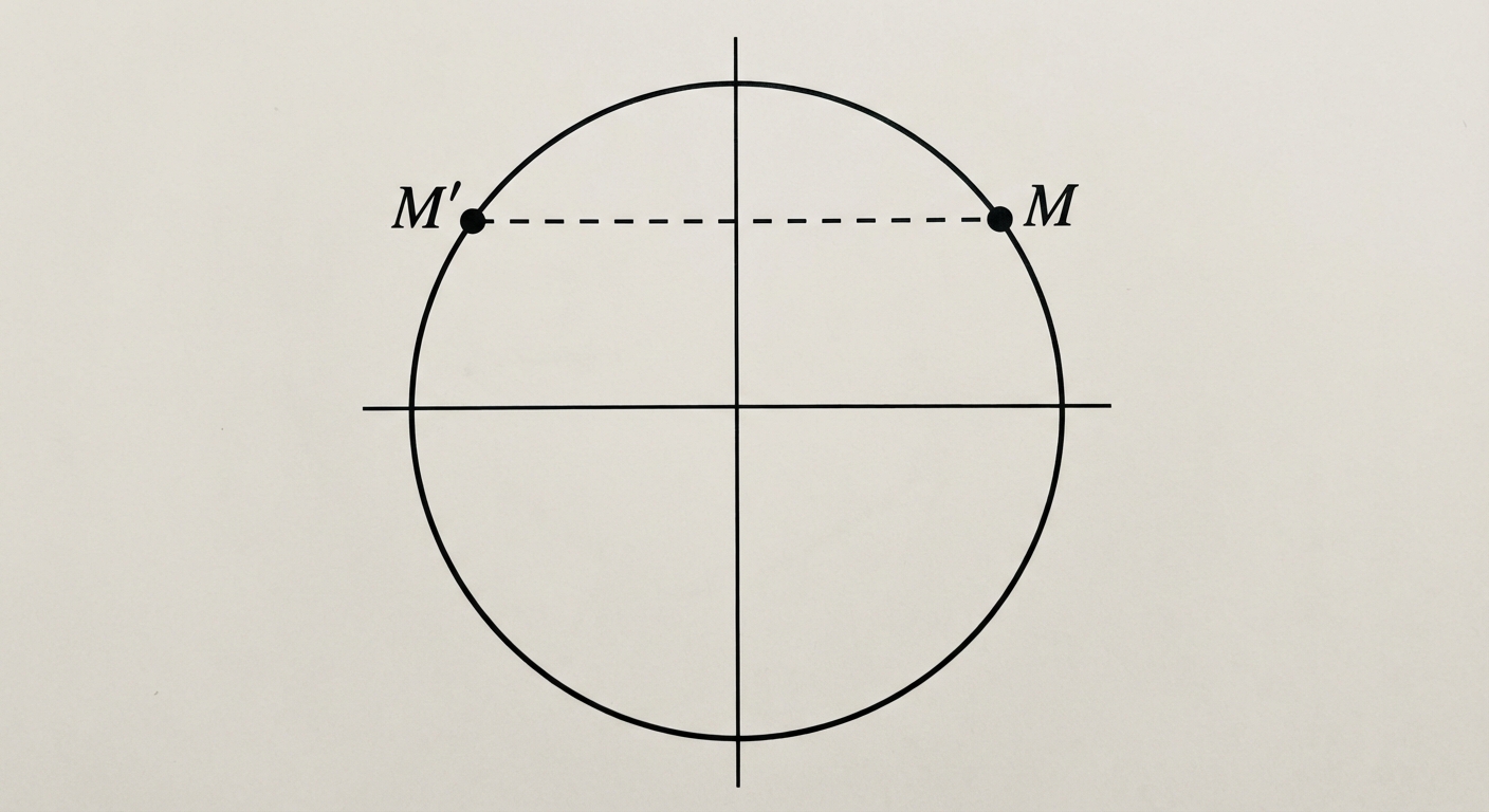 Cercle trigonométrique. Point M (angle x) en haut à droite. Point M' (angle pi-x) en haut à gauche, à la même hauteur. Ligne horizontale en pointillés reliant M et M'.