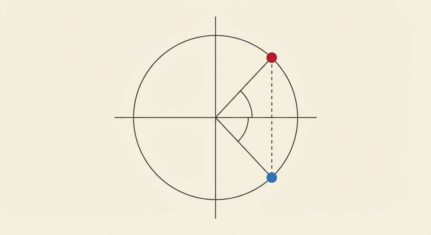 Schéma simple d'un cercle trigonométrique. Un angle x est marqué dans le premier cadran (haut droite) avec un point rouge. Un angle -x est marqué dans le quatrième cadran (bas droite) avec un point bleu. Un trait vertical en pointillés relie le point rouge au point bleu.