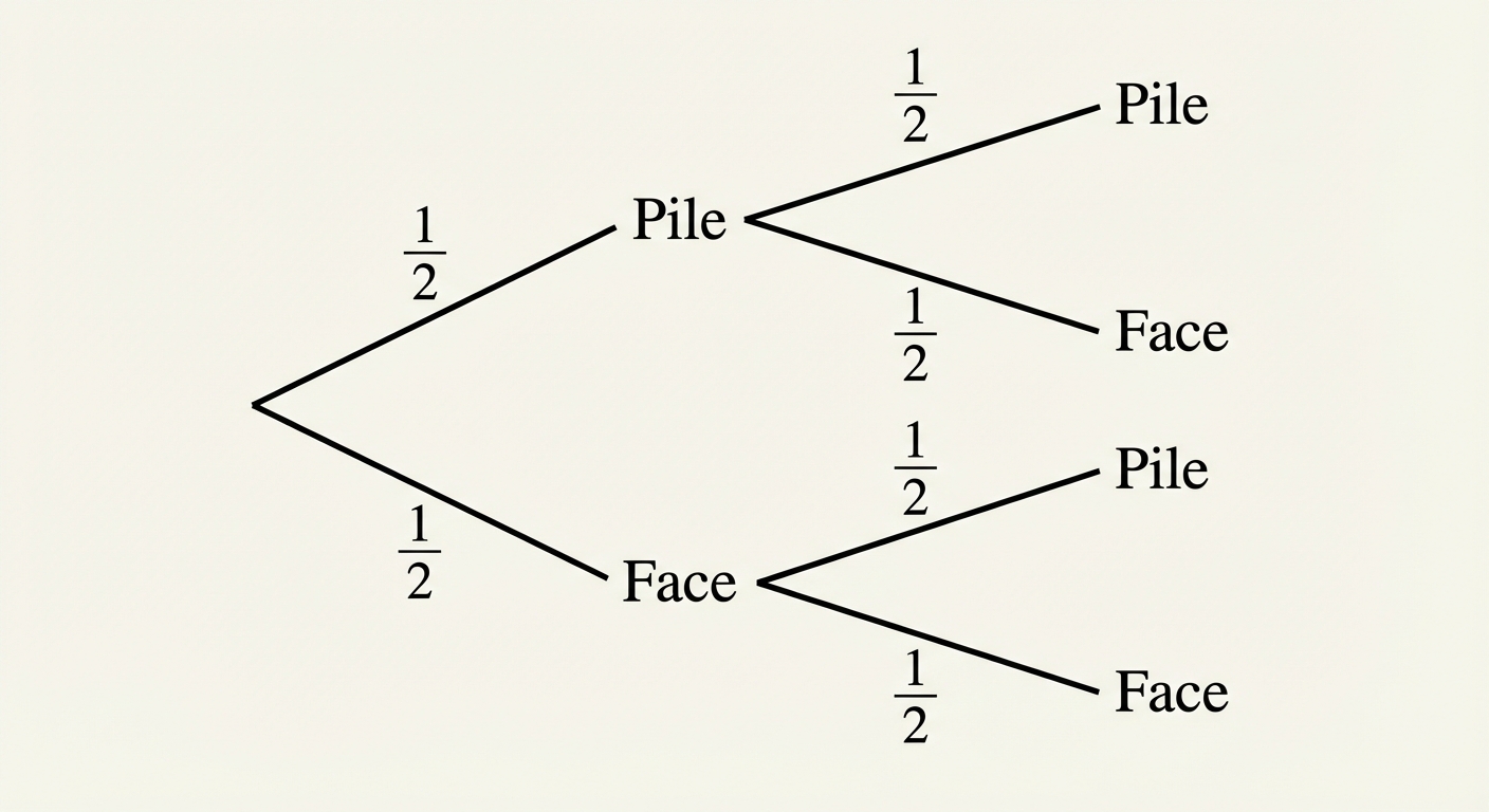 Schéma d'un arbre de probabilité propre. Départ -> 2 branches (Pile, Face). De chaque bout -> 2 nouvelles branches (Pile, Face). Sur chaque segment est écrit '1/2'.