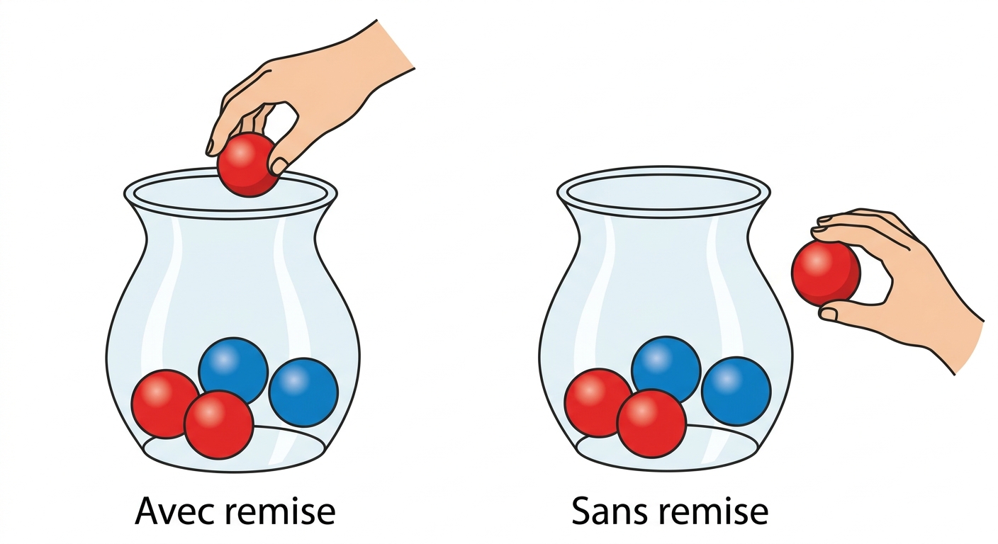 Illustration comparative. Gauche (Avec remise): Une urne avec 3 boules rouges, 2 bleues. Une main remet une boule rouge. Droite (Sans remise): La main garde la boule rouge dehors, l'urne ne contient plus que 2 rouges et 2 bleues.