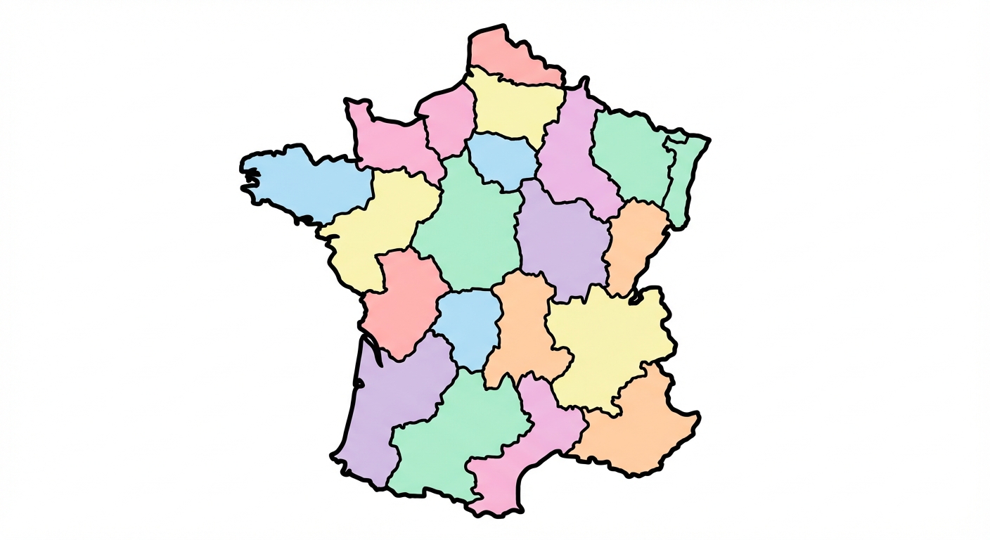 Carte de France simplifiée sur fond blanc. Les frontières des régions sont tracées en traits noirs épais. Chaque région a une couleur pastel différente. La forme globale de la France est bien reconnaissable.