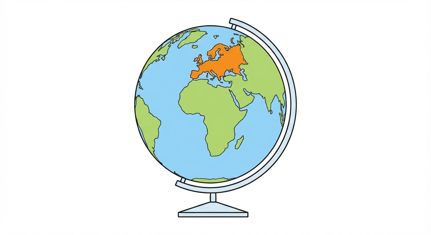 Dessin d'un globe terrestre sur fond blanc. Les océans sont bleu clair. Les continents sont vert clair. L'Europe est coloriée en orange pour la mettre en évidence.