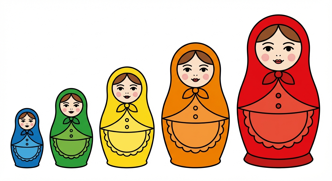 Schéma simple sur fond blanc : 5 poupées russes alignées de la plus petite à la plus grande. La plus petite est peinte en bleu, la deuxième en vert, la troisième en jaune, la quatrième en orange, la plus grande en rouge.