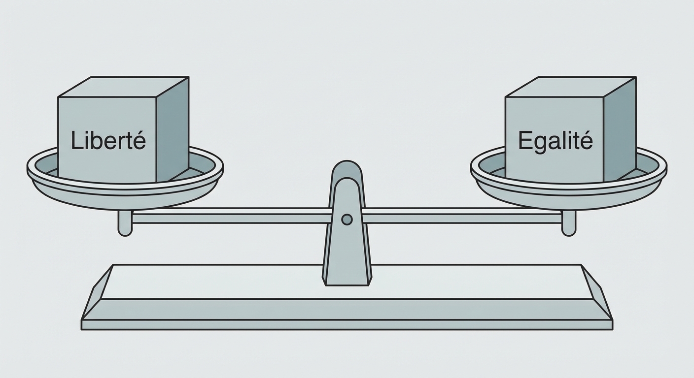Dessin simple d'une balance à fléau classique en équilibre. Sur le plateau de gauche, un cube marqué 'Liberté'. Sur le plateau de droite, un cube de même taille marqué 'Egalité'. Fond uni gris clair.