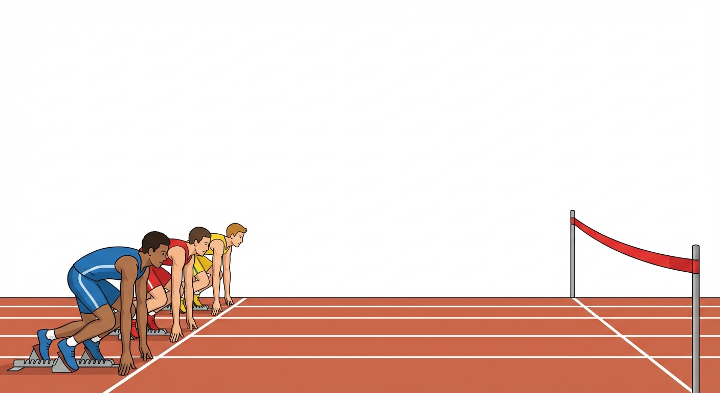 Dessin vectoriel simple d'une piste d'athlétisme vue de côté. Trois coureurs sont prêts sur la ligne de départ à gauche. Une ligne d'arrivée est visible à droite avec un ruban rouge. Fond blanc épuré.