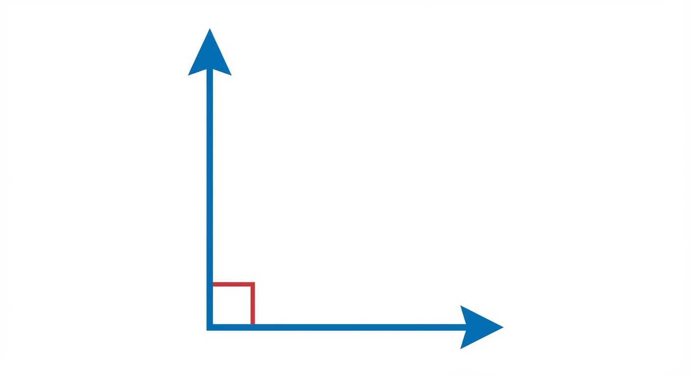 Dessin géométrique sur fond blanc : deux vecteurs fléchés bleus qui partent d'un même point. Ils forment un angle de 90 degrés parfait. Un petit carré rouge symbolise l'angle droit entre les deux flèches.