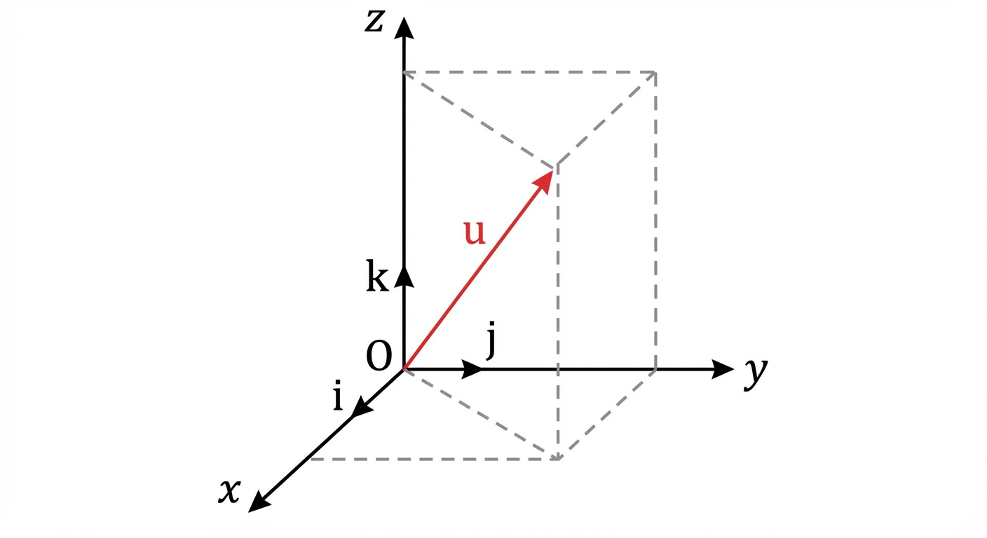 Schéma 3D simple sur fond blanc : un repère orthonormé (O, i, j, k) avec les axes x, y et z en noir. Un vecteur u rouge part de l'origine vers le point de coordonnées (2, 3, 4). Des pointillés gris marquent les projections sur les axes.
