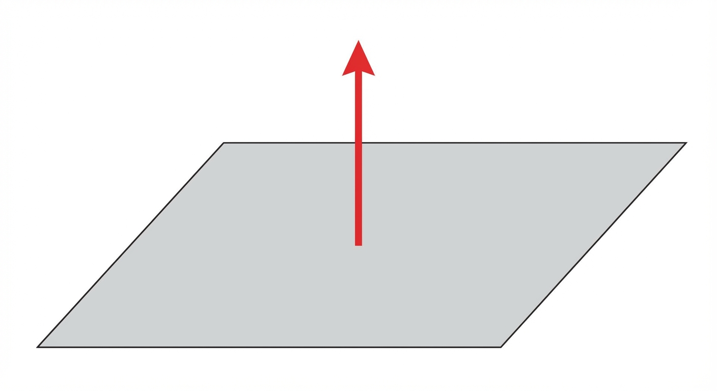 Schéma 3D simple sur fond blanc : un plan gris clair plat représentant une surface. Une flèche rouge épaisse (vecteur) part du centre du plan et pointe verticalement vers le haut, perpendiculairement à la surface.