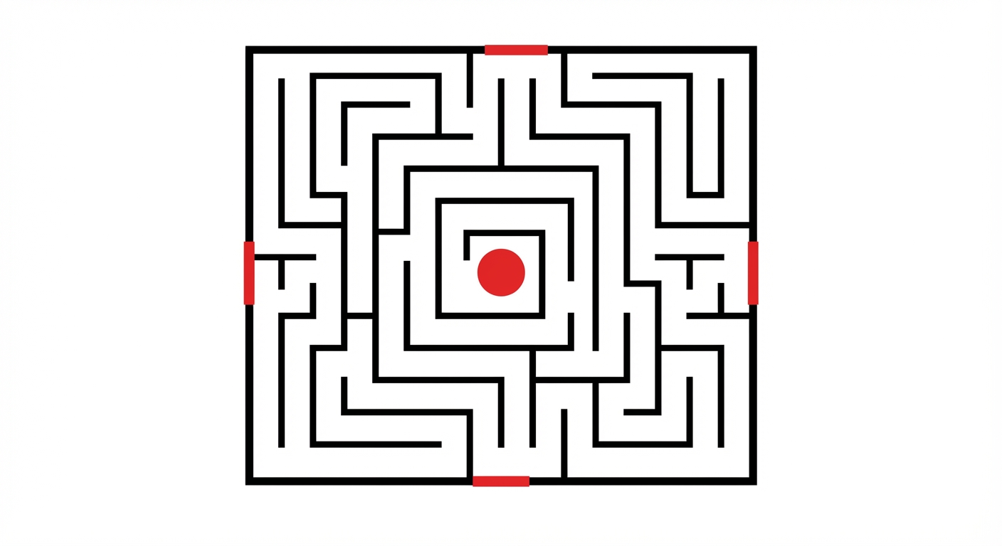 Schéma simple vue de dessus : un labyrinthe carré aux murs noirs sur fond blanc. Au centre, un point rouge. Toutes les sorties du labyrinthe sont barrées par un trait rouge épais.