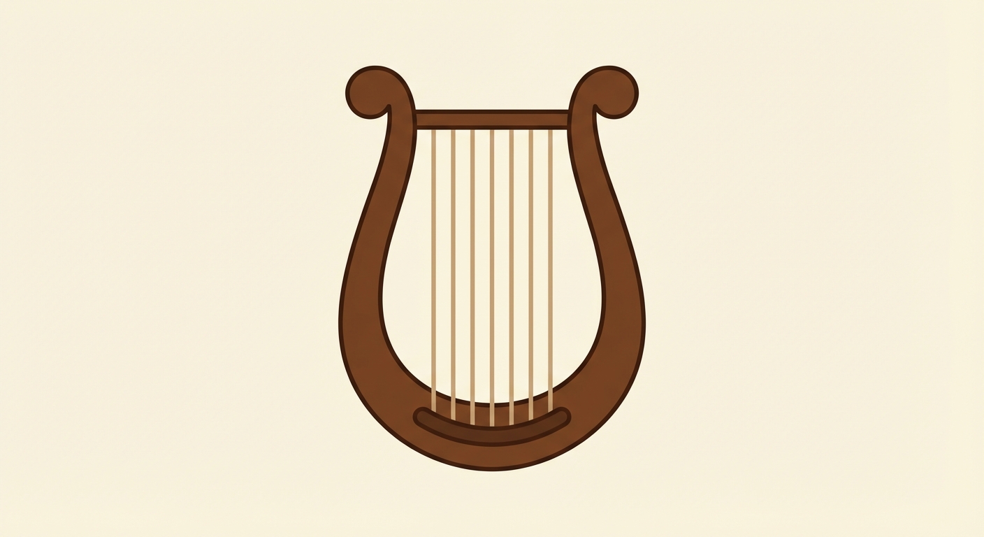 Dessin minimaliste d'une lyre antique (instrument de musique en forme de U avec des cordes verticales) au centre de l'image. Fond uni de couleur crème.