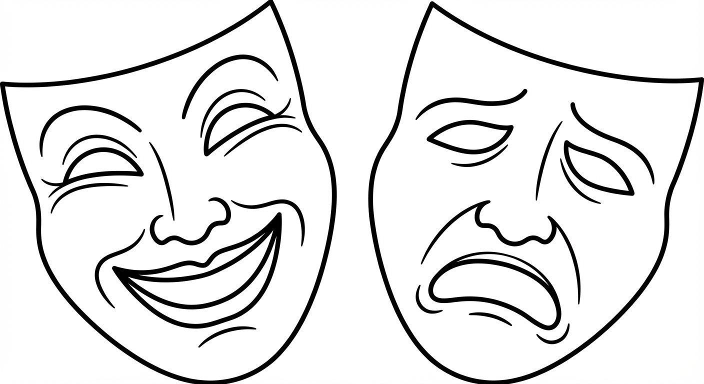 Dessin simple au trait noir sur fond blanc : deux masques de théâtre antique posés côte à côte. À gauche, un masque qui sourit exagérément. À droite, un masque avec une expression de tristesse et de bouche ouverte en cri.