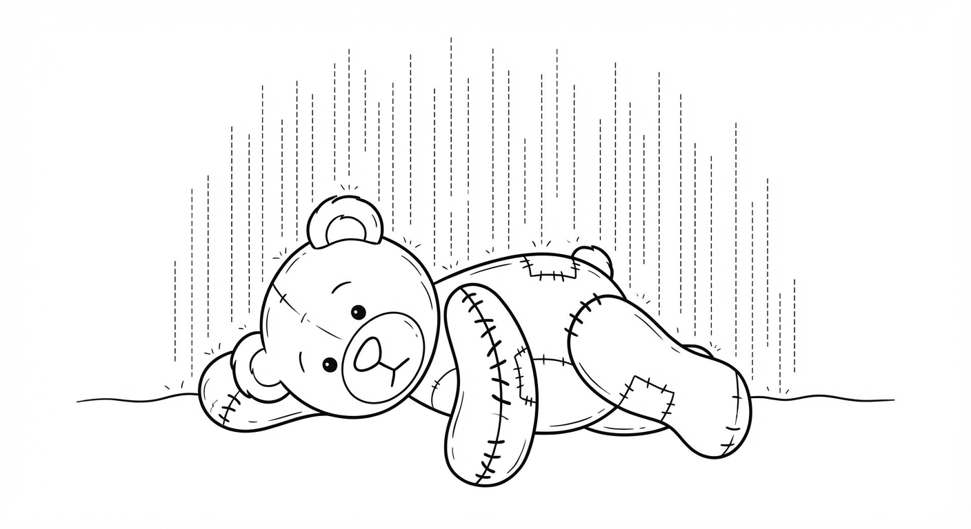 Dessin simple en noir et blanc : un ours en peluche abandonné par terre, abîmé, avec un bras recousu, sous une pluie fine symbolisée par des traits verticaux.