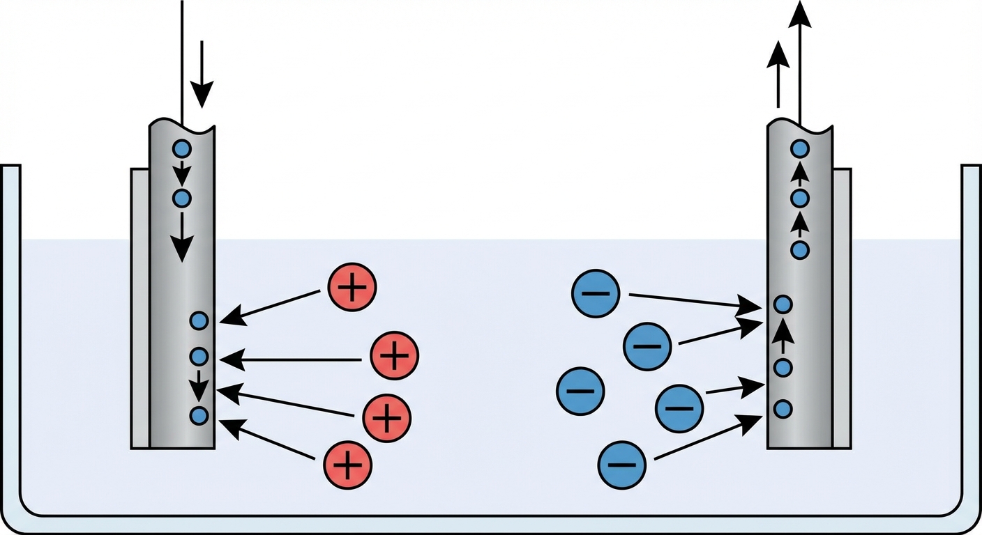Schéma zoomé sur les deux électrodes dans la solution. À gauche (relié au -), des électrons descendent dans l'électrode et des ions positifs de la solution viennent les capter (Réduction). À droite (relié au +), des ions négatifs lâchent des électrons qui remontent dans le fil (Oxydation). Fond blanc, traits clairs.