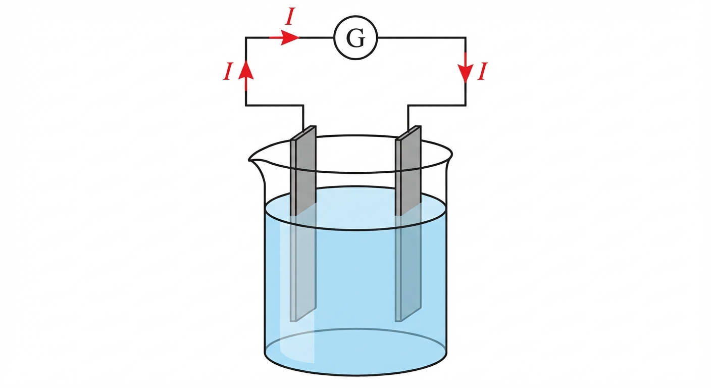 Schéma simple en 2D sur fond blanc. Un bécher contenant un liquide bleu clair. Deux électrodes rectangulaires grises plongent verticalement dedans. Elles sont reliées par des fils noirs à un générateur de tension continue (symbole cercle avec G ou piles) situé au-dessus. Indiquer par des flèches rouges le sens du courant I sortant du pôle positif et entrant par le pôle négatif.