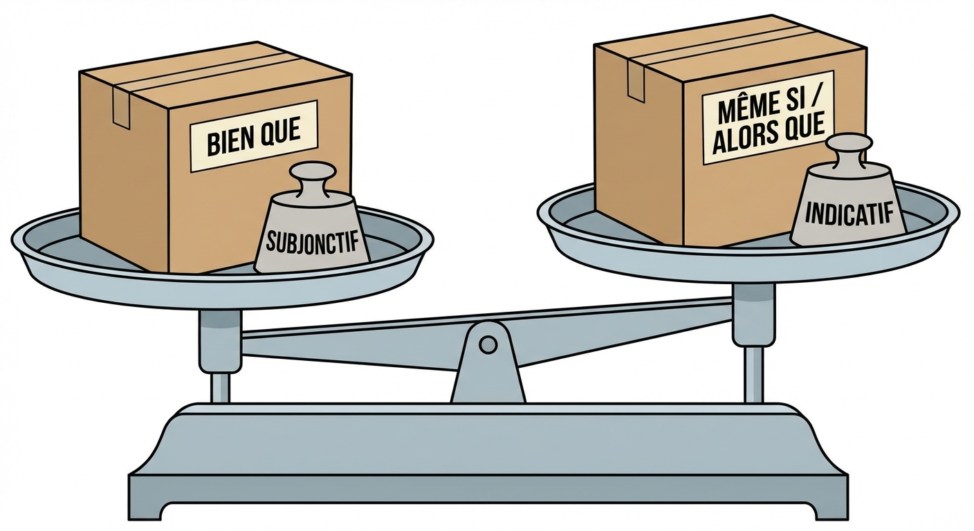 Dessin d'une balance à deux plateaux sur fond blanc. Sur le plateau de gauche, une boîte étiquetée BIEN QUE avec un poids marqué SUBJONCTIF. Sur le plateau de droite, une boîte étiquetée MÊME SI / ALORS QUE avec un poids marqué INDICATIF.