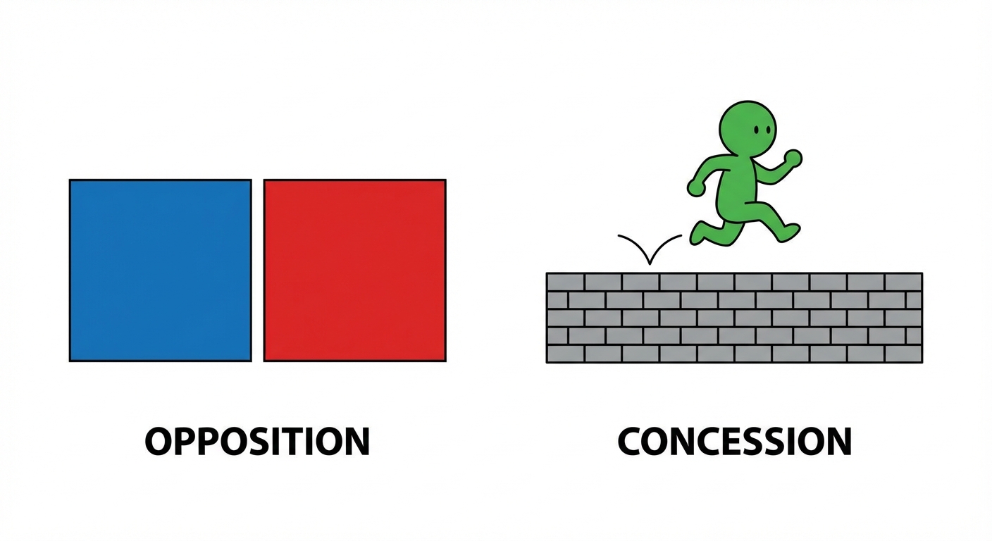 Schéma simple en deux parties sur fond blanc. À gauche, titre OPPOSITION : un carré bleu et un carré rouge posés côte à côte, de même taille. À droite, titre CONCESSION : un petit personnage vert qui saute par-dessus un mur de briques grises pour aller de l'autre côté.