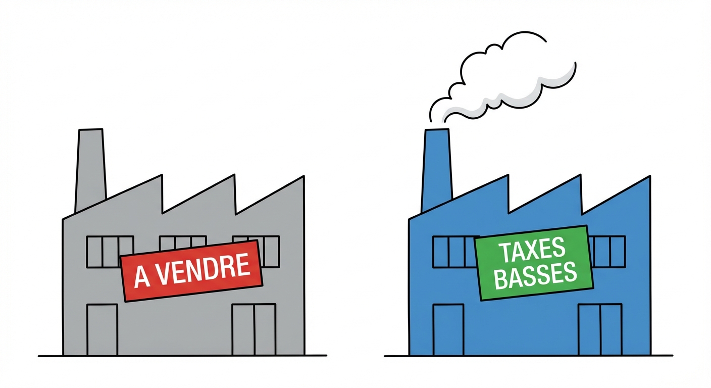 Dessin simple vue de face : deux petits bâtiments d'usine espacés. Le bâtiment de gauche est gris, sans fumée, avec une pancarte rouge indiquant A VENDRE. Le bâtiment de droite est bleu, avec de la fumée blanche sortant de sa cheminée, et une pancarte verte indiquant TAXES BASSES. Fond blanc uni, sans aucun autre élément.
