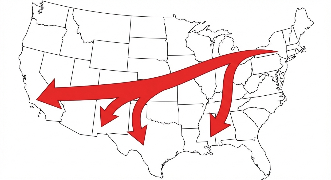 Carte schématique simplifiée des États-Unis sur fond blanc. Une grosse flèche rouge part de la région des Grands Lacs (Nord-Est) et descend vers le Sud et l'Ouest (Sun Belt). La flèche symbolise le déménagement des habitants.