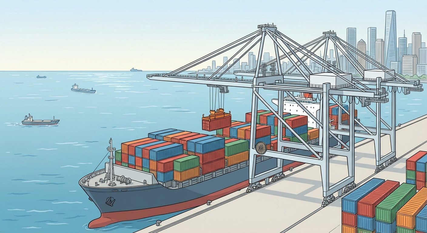 Dessin réaliste d'un terminal portuaire américain moderne. On voit des grues géantes charger des conteneurs colorés sur un navire cargo, avec l'océan en arrière-plan et une ville dense au loin.