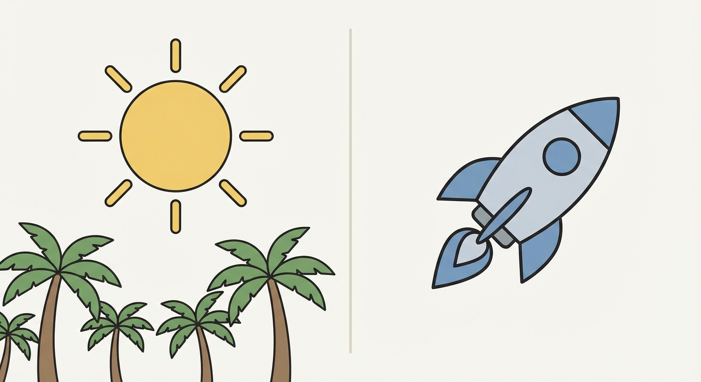 Illustration divisée en deux. À gauche : un grand soleil jaune et des palmiers pour le cadre de vie. À droite : une icône de technologie (microprocesseur ou fusée) pour représenter l'innovation industrielle.
