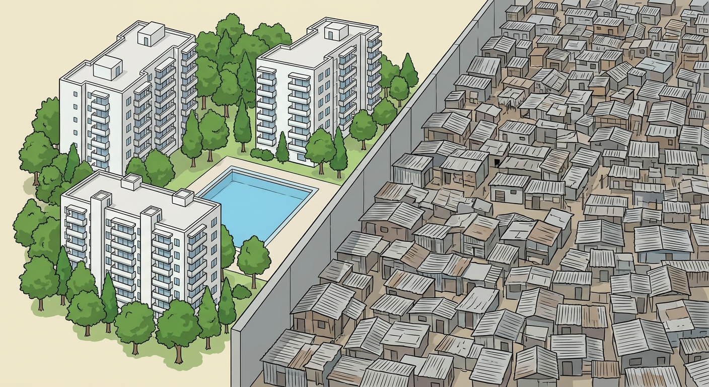Illustration réaliste vue du ciel divisée en deux parties distinctes par un mur. À gauche, un quartier riche avec trois grands immeubles blancs, des balcons, des arbres verts et une piscine bleue. À droite, collé au mur, un bidonville très dense fait de centaines de petites cabanes en tôle grise et brune, sans arbres.