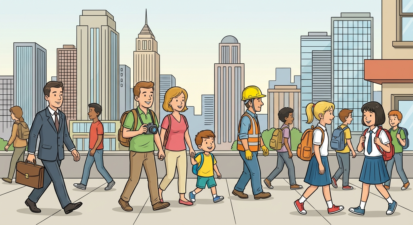 Dessin coloré et simple style bande dessinée d'une rue de grande ville bondée. On voit des gratte-ciels en arrière-plan. Au premier plan, une foule diverse marche sur le trottoir : un homme d'affaires en costume cravate avec une mallette, une famille de touristes avec un appareil photo, un ouvrier avec un casque de chantier jaune et des étudiants avec des sacs à dos.
