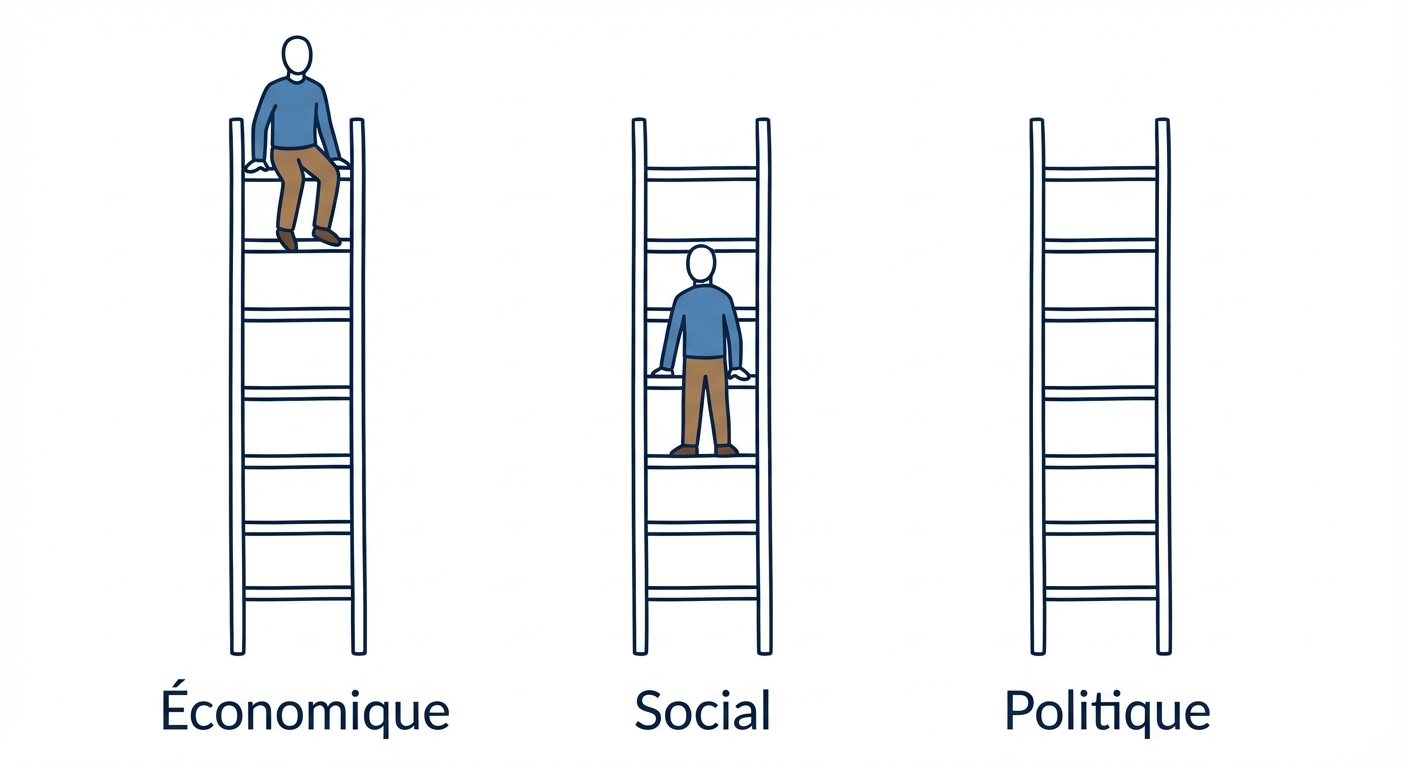Schéma épuré sur fond blanc avec trois échelles verticales. Sous la 1ère : 'Économique'. Sous la 2ème : 'Social'. Sous la 3ème : 'Politique'. Un personnage est en haut de l'échelle 1 mais au milieu de l'échelle 2.