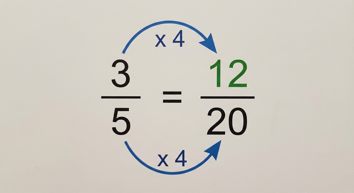 Schéma montrant l'égalité 3/5 = ?/20. Une flèche courbe part du 5 (dénominateur gauche) vers le 20 (dénominateur droite) avec l'annotation 'x 4'. Une flèche identique part du 3 (numérateur gauche) vers le point d'interrogation avec l'annotation 'x 4'. Le résultat 12 remplace le point d'interrogation en couleur verte.