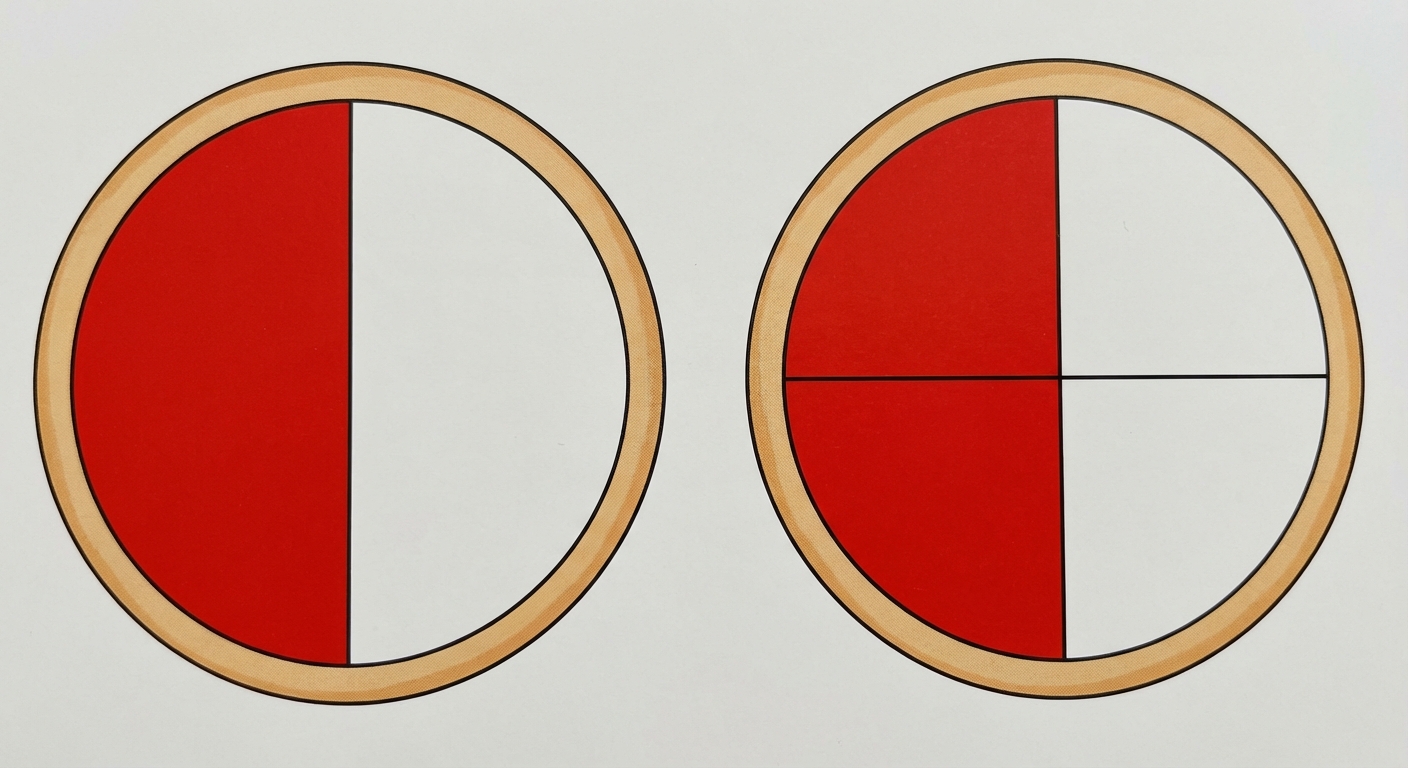 Dessin de deux cercles (pizzas) côte à côte. Le cercle de gauche est coupé en 2, avec la moitié gauche coloriée en rouge (représente 1/2). Le cercle de droite est coupé en 4 parts égales, avec les deux parts de gauche coloriées en rouge (représente 2/4). Les zones rouges doivent avoir exactement la même surface visuelle.