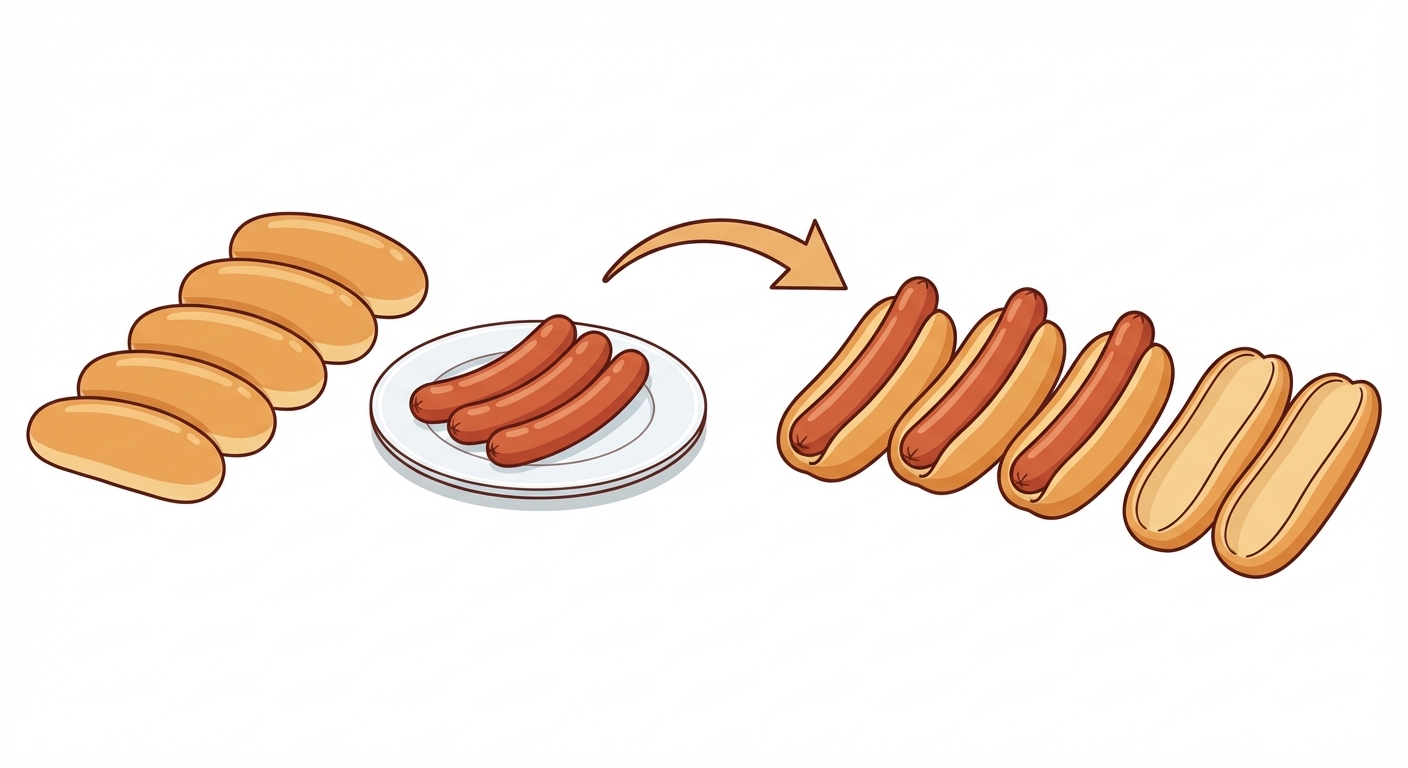 Dessin simple sur fond blanc style cartoon. À gauche, une pile de 5 pains à hot-dog. À côté, une assiette avec seulement 3 saucisses. Une flèche pointe vers la droite montrant le résultat : 3 hot-dogs complets et 2 pains restants tout seuls.