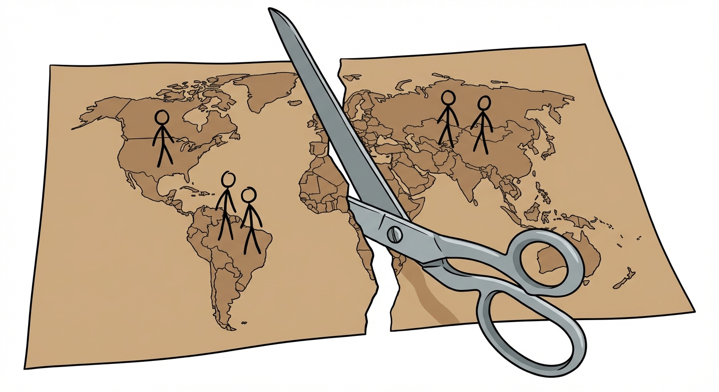 Dessin simple de face : de grands ciseaux en métal gris coupent en son milieu une carte de géographie en papier marron clair. Sur le papier de la carte, cinq petits bonhommes allumettes sont dessinés à l'encre noire. Les ciseaux séparent physiquement les bonhommes en deux groupes distincts. Fond blanc uni.