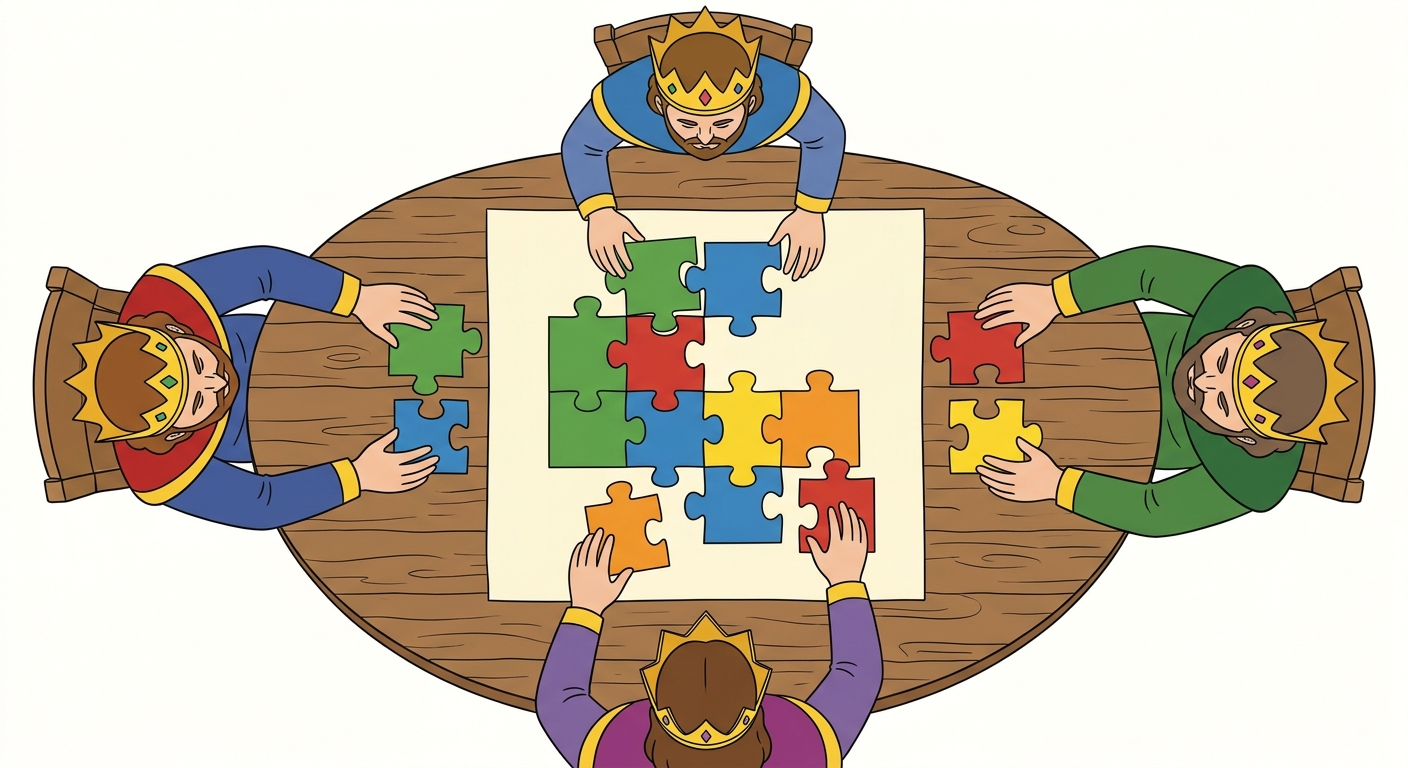 Dessin simple vue de dessus : quatre rois portant une couronne en or sont assis autour d'une grande table en bois. Au centre de la table se trouve une carte vierge. Les rois déplacent avec leurs mains des pièces de puzzle géantes représentant des territoires de différentes couleurs. Fond de l'image blanc, aucun autre objet.