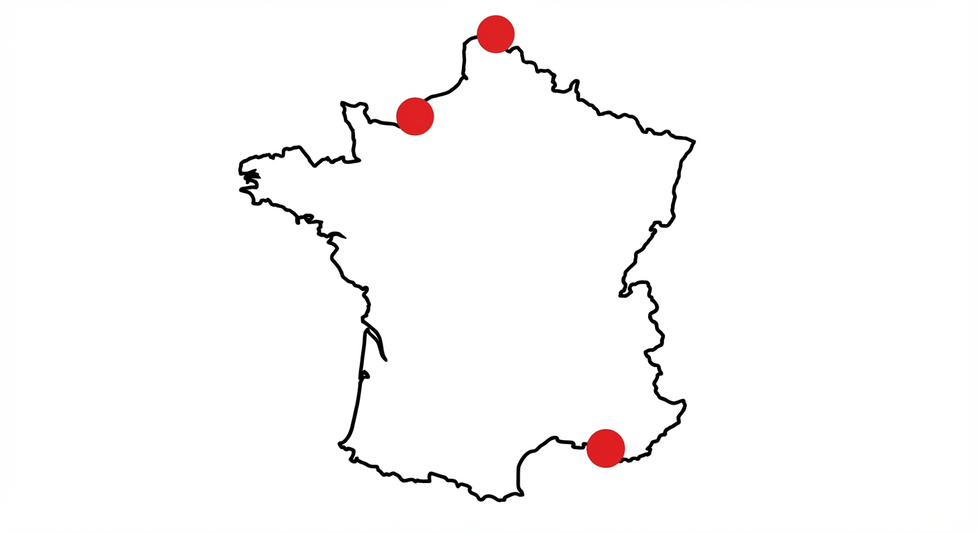 Une carte schématique de la France métropolitaine dessinée simplement avec un trait noir sur fond blanc. Trois gros points rouges bien visibles sont placés sur le littoral maritime. Le premier point est tout au nord (Dunkerque). Le deuxième point est au nord-ouest, à l'embouchure de la Seine (Le Havre). Le troisième point est au sud, sur la côte de la mer Méditerranée (Marseille). Aucun texte n'est présent sur l'image.