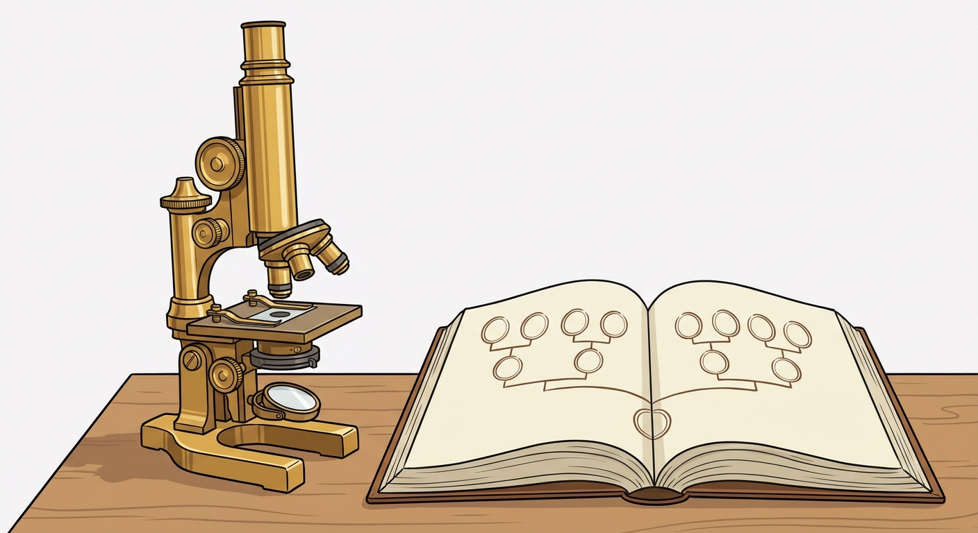 Dessin d'un microscope ancien en laiton posé sur une table en bois. À côté du microscope, un livre ouvert montrant un schéma d'arbre généalogique simple. Fond neutre.