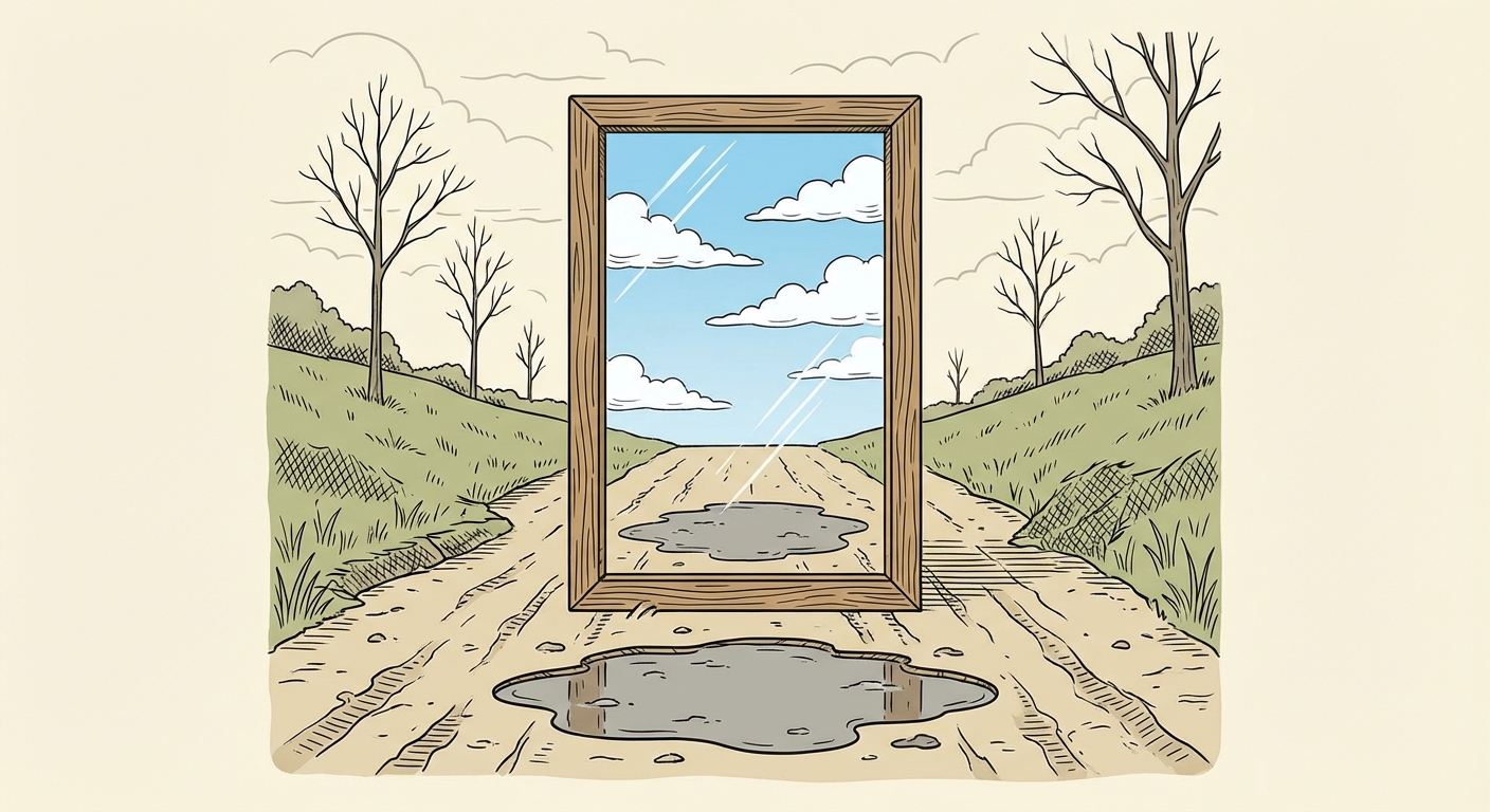 Illustration simple d'un grand miroir rectangulaire posé verticalement au milieu d'un chemin de terre au XIXe siècle. Le miroir reflète exactement ce qui est devant lui : une flaque de boue grise en bas et un ciel bleu avec des nuages en haut. Style dessin au trait clair.