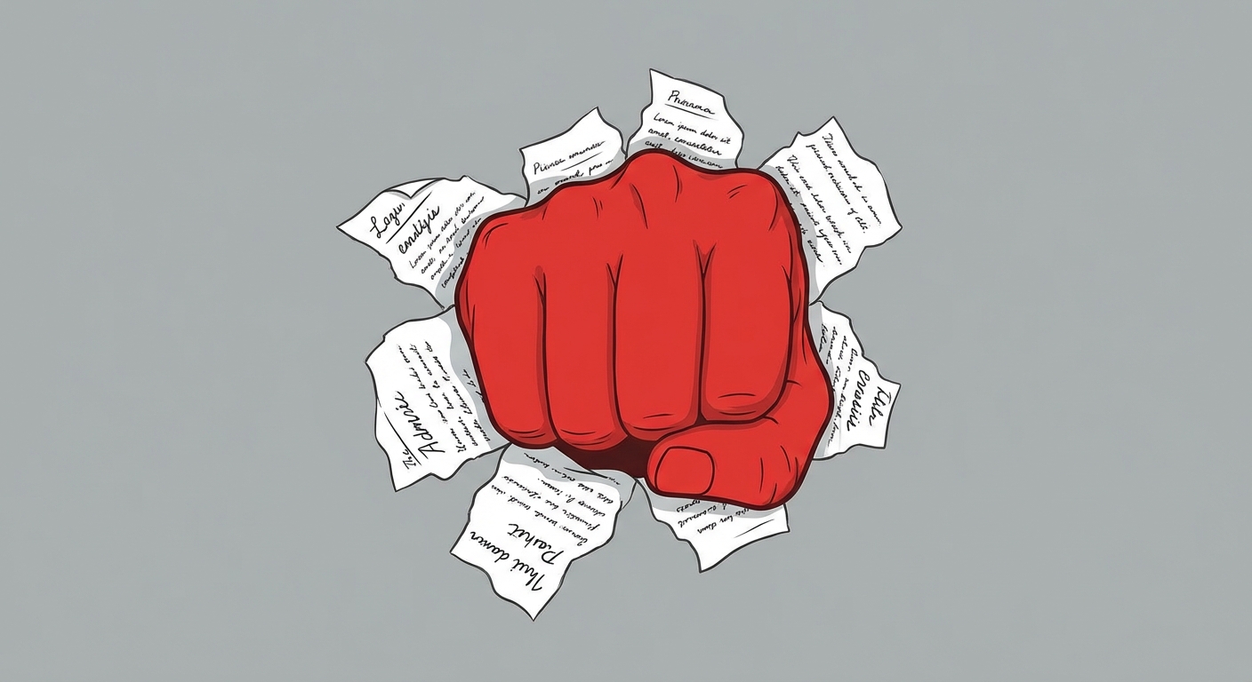 Dessin d'un poing serré rouge sortant d'une feuille de papier blanc écrite. Le fond est gris neutre.