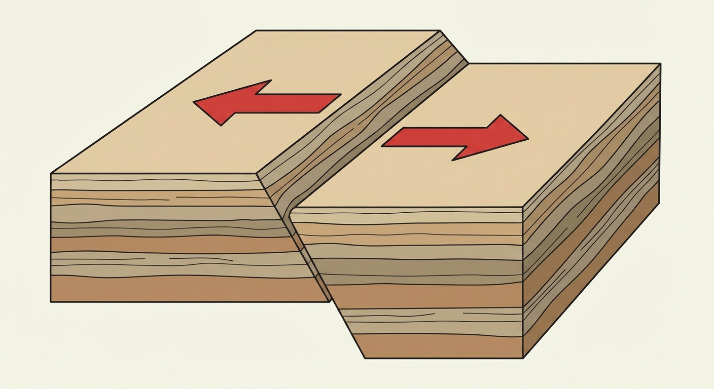 Bloc-diagramme 3D. Un bloc rocheux est coupé par une faille oblique. Le compartiment situé au-dessus du plan de faille est descendu par rapport à l'autre. Des flèches rouges divergentes indiquent l'extension.