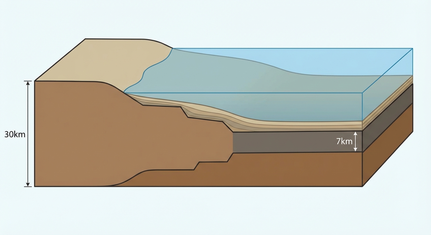 Schéma en coupe transversale. À gauche, croûte continentale épaisse (30km). À droite, croûte océanique fine (7km). Au centre, la croûte continentale s'amincit en escalier vers l'océan. L'ensemble est recouvert d'eau et de sédiments.