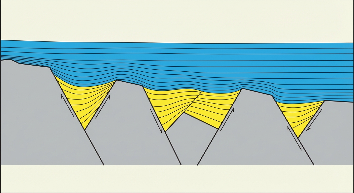 Coupe géologique de marge passive. Blocs de socle gris inclinés délimités par des failles normales. Dans les creux, sédiments syn-rift jaunes formant un prisme (triangle épaissi vers la faille). Au-dessus, sédiments post-rift bleus horizontaux recouvrant tout.